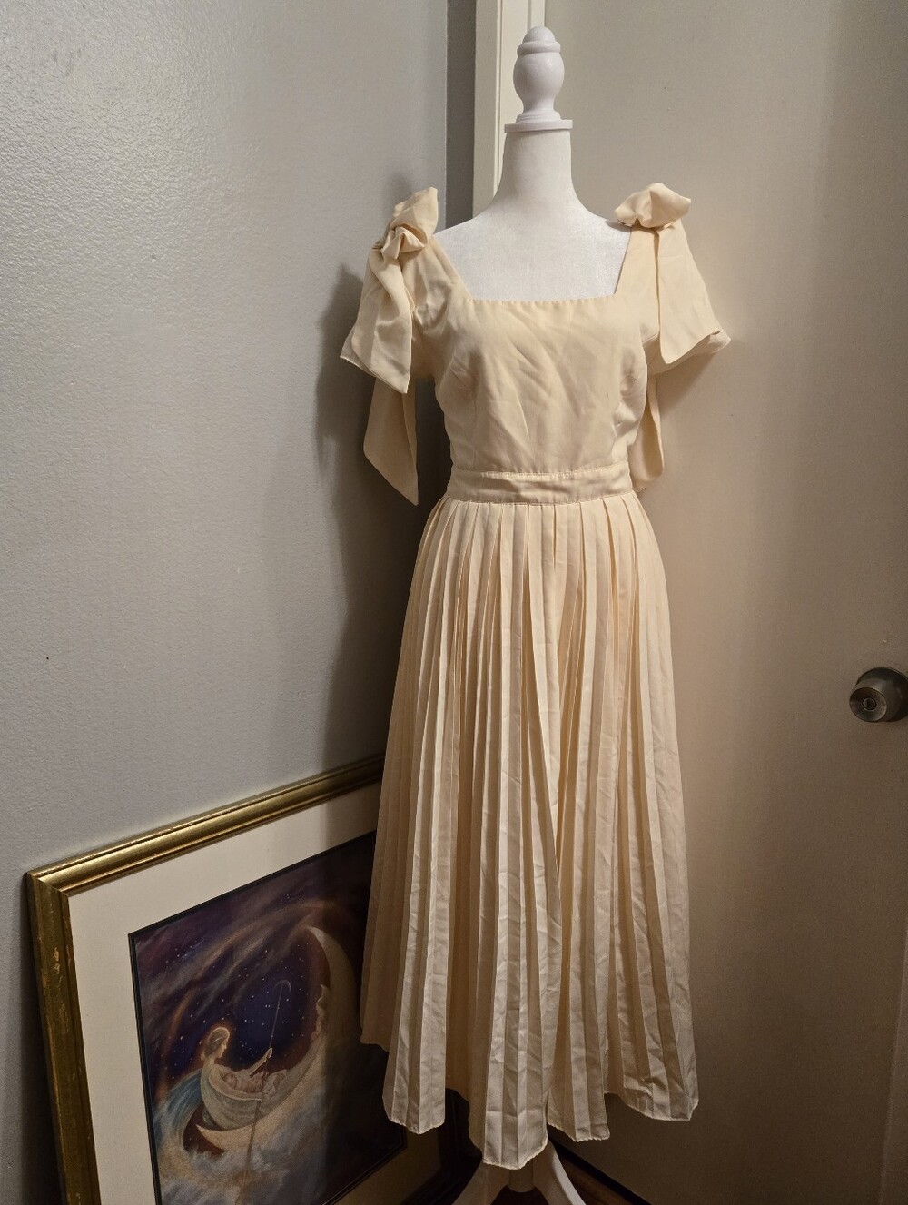 Ivy City Co Women  Cream Square Neck Silky Midi Max Dress with Bow Tide Sleeves
